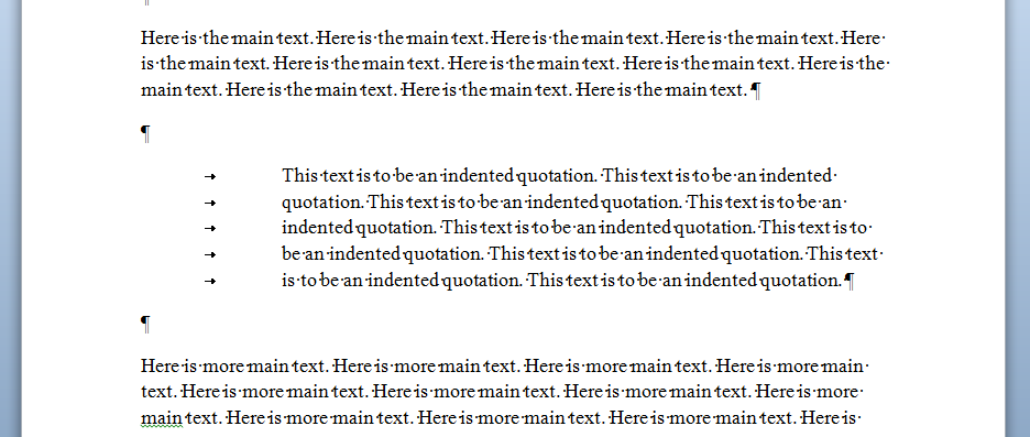 Text showing tabs used to format an indent